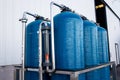 Blue metal wine fermentation tanks from a winery Royalty Free Stock Photo