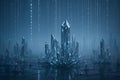 Blue metallic crystals emerge from a dark digital landscape under a falling binary code stream, symbolizing advanced data storage Royalty Free Stock Photo