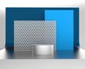 blue metallic 3d cylinder pedestal podium with metal mesh and blue wall, background