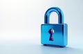 Blue metallic padlock stands on white background. Digital lock icon represents online data security, internet privacy, Royalty Free Stock Photo