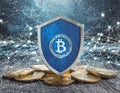 Blue metallic shield on a pile of Bitcoin coins with digital network connections