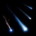 Blue meteor and comets collection isolated on black background.