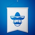 Blue Mexican man wearing sombrero icon isolated on blue background. Hispanic man with a mustache. White pennant template