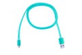 Blue micro-usb cable twisted into a ring, on a white isolated background. Horizontal frame Royalty Free Stock Photo