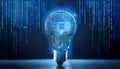 A blue microcircuit in a light bulb on a dark background with coding and programming numbers
