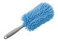 Blue microfiber feather duster with gray handle on white background for cleaning house or office. Housekeeping tool and chore Royalty Free Stock Photo