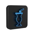 Blue Milkshake icon isolated on transparent background. Plastic cup with lid and straw. Black square button. Royalty Free Stock Photo