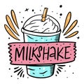 Blue Milkshake and lable sign. Cartoon style vector illustration. Isolated on white background.