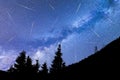 Blue Milky way falling stars pine trees silhouette Royalty Free Stock Photo