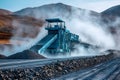 Blue mineral crusher processing rocks on a dusty site with conveyor and mountains in background Royalty Free Stock Photo