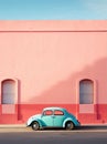 A blue mini car stands boldly against a vibrant pink wall, encapsulating the essence of minimalistic design.