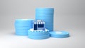 Blue mini shop on pastel coin stacks on white background. Financial success and business concept. 3d rendering