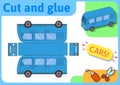 Blue minibus paper model. Small home craft project, paper game. Cut out, fold and glue. Cutouts for children. Vector