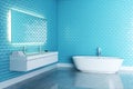 Blue minimalist bathroom design 3D render