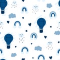 Blue minimalistic balloon and rainbows seamless pattern, cute raining clouds, traveling concept
