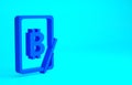 Blue Mining bitcoin from graphic tablet icon isolated on blue background. Cryptocurrency mining, blockchain technology