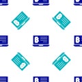 Blue Mining bitcoin from laptop icon isolated seamless pattern on white background. Cryptocurrency mining, blockchain