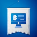 Blue Mining bitcoin from monitor icon isolated on blue background. Cryptocurrency mining, blockchain technology service