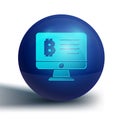 Blue Mining bitcoin from monitor icon isolated on white background. Cryptocurrency mining, blockchain technology service