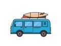 Blue minivan car with surfboard and luggage on roof rack. Surfer`s vehicle. Isolated image on white background. Vector Royalty Free Stock Photo