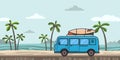Blue minivan with surfboard and luggage on colorful seascape background with palm-trees and sea waves. Surfer`s car on
