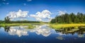 Blue mirror lake reflections of clouds and landscape. Ontario, Canada. Royalty Free Stock Photo