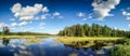 Blue mirror lake reflections of clouds and landscape. Ontario, Canada.