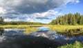Blue mirror lake reflections of clouds and landscape. Sudbury, Ontario, Canada. Royalty Free Stock Photo