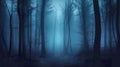 Blue mist in dark forest, fantasy view of mystic enchanted wood at dusk