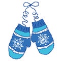 Blue mittens with a snowflake drawn by squares, pixels. Vector illustration