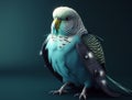 Blue model budgie in fashion jacket and tie. Generative AI