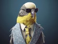 Blue model budgie in fashion jacket and tie. Generative AI