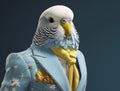 Blue model budgie in fashion jacket and tie. Generative AI