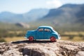 Blue model of retro car on mountain landscape. Generative AI