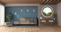 Blue and modern modern living room with round window