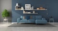 Blue modern living room with shelves,books and decor objects