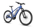 Blue modern mid drive motor e bike pedelec with electric engine middle mount. battery powered ebike isolated white background. Royalty Free Stock Photo