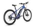 Blue modern mid drive motor e bike pedelec with electric engine middle mount. battery powered ebike isolated white background. Royalty Free Stock Photo