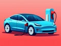 Blue modern sports electric car isolated on a red background, charging near the station. Side view. Generative AI Royalty Free Stock Photo