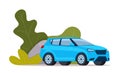 Blue modern Suv car, side view. Green bushes on the background. Vector illustration Royalty Free Stock Photo