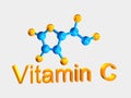 Blue molecule of vitamin C and orange text on whit