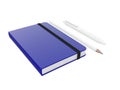 Blue moleskine or notebook with pen and pencil and a black strap front or top view isolated on a white background 3d rendering Royalty Free Stock Photo