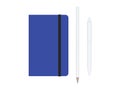 Blue moleskine or notebook with pen and pencil and a black strap front or top view isolated on a white background 3d rendering Royalty Free Stock Photo