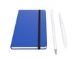 Blue moleskine with pen and pencil and a black strap front or top view isolated on a white background 3d rendering