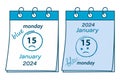 Blue Monday calendar sheets with date 2024, January 15, handwritten inscription and stroke around