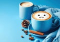 Blue Monday concept. Blue coffee cup with cappuccino coffee