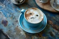 Blue Monday concept. Blue coffee cup with cappuccino coffee and blue scarf. Royalty Free Stock Photo