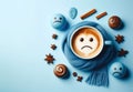 Blue Monday concept. Blue coffee cup with cappuccino coffee and blue scarf