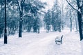 Blue monday concept with empty lonely bench in winter snow park background. Blue Monday in January the most depressing Royalty Free Stock Photo