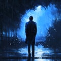 lonely man wearing sui, standing outside alone in rain, detailed, digital sketch , AI generated